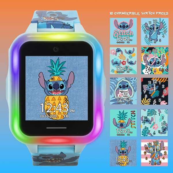 Disney Stitch Kids Interactive Smartwatch with Touchscreen, Camera, Games, Pedometer, Voice Recorder, and Alarm for Boys & Girls Aged 6+ - Blue Character Band, Multi-Color LED Light-Up Bezel - Image 3