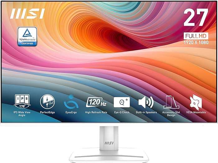 msi PRO MP275W E2 27-inch IPS 1920 x 1080 (FHD) Gaming Office Monitor, 120Hz, Free-Sync, HDMI, DisplayPort, VGA Port, VESA Mountable, Tilt, Speaker, 4-Side Slim Bezel 1ms, White - Image 1