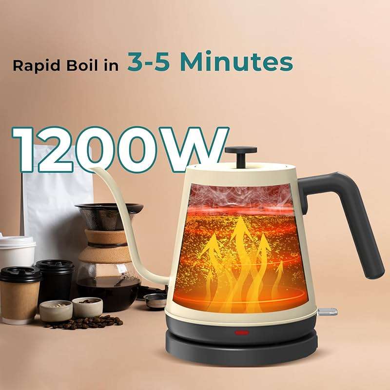 NYOTA Gooseneck Electric Kettle, 0.8L Electric Tea Kettle of 304 Stainless Steel, 1200W Quick Heating, Automatic Shut Off Coffee Kettle, Hot Water Boiler, Bone White - Image 3