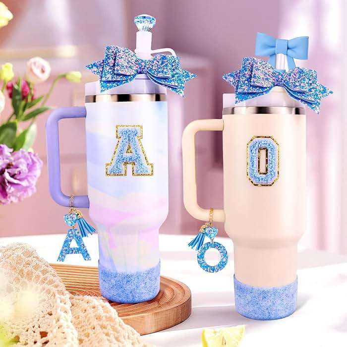 Blue Cup Accessories Set for Stanley 30OZ & 40OZ Tumbler with Handle, Letter Charms, Bow & Diamond Straw Covers, Glitter Silicone Boot, Personalized Sticker for Stanley Cup Accessories (A) - Image 2