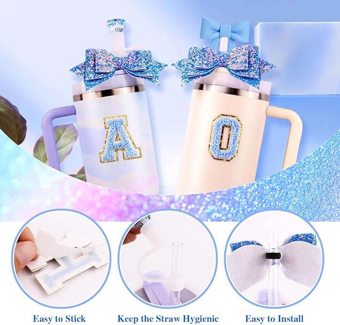 Blue Cup Accessories Set for Stanley 30OZ & 40OZ Tumbler with Handle, Letter Charms, Bow & Diamond Straw Covers, Glitter Silicone Boot, Personalized Sticker for Stanley Cup Accessories (A) - Image 5