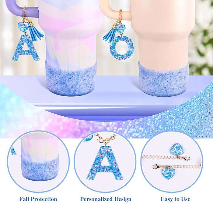 Blue Cup Accessories Set for Stanley 30OZ & 40OZ Tumbler with Handle, Letter Charms, Bow & Diamond Straw Covers, Glitter Silicone Boot, Personalized Sticker for Stanley Cup Accessories (A) - Image 6