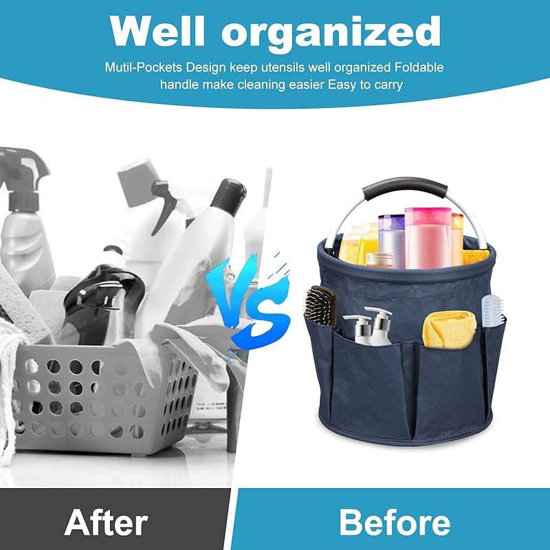 Qivine 17L Cleaning Caddy with Handle, Cleaning Supply Caddy Foldable Tool Bag Cleaning Products Organizers Portable Cleaning Bucket Organiser for Storing Towels(Blue) - Image 3
