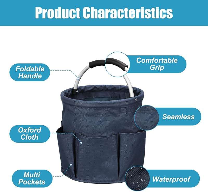Qivine 17L Cleaning Caddy with Handle, Cleaning Supply Caddy Foldable Tool Bag Cleaning Products Organizers Portable Cleaning Bucket Organiser for Storing Towels(Blue) - Image 4