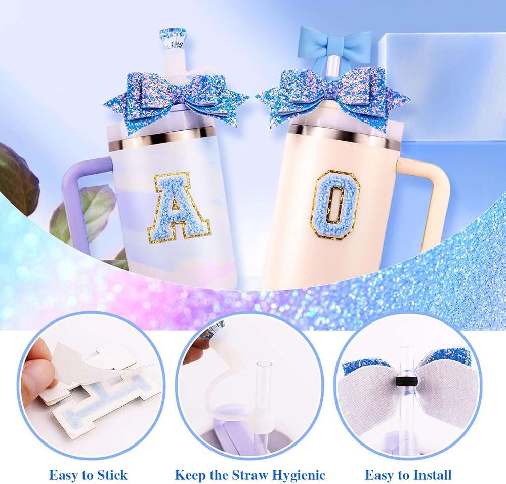 Blue Cup Accessories Set for Stanley 30OZ & 40OZ Tumbler with Handle, Letter Charms, Bow & Diamond Straw Covers, Glitter Silicone Boot, Personalized Sticker for Stanley Cup Accessories (L) - Image 5