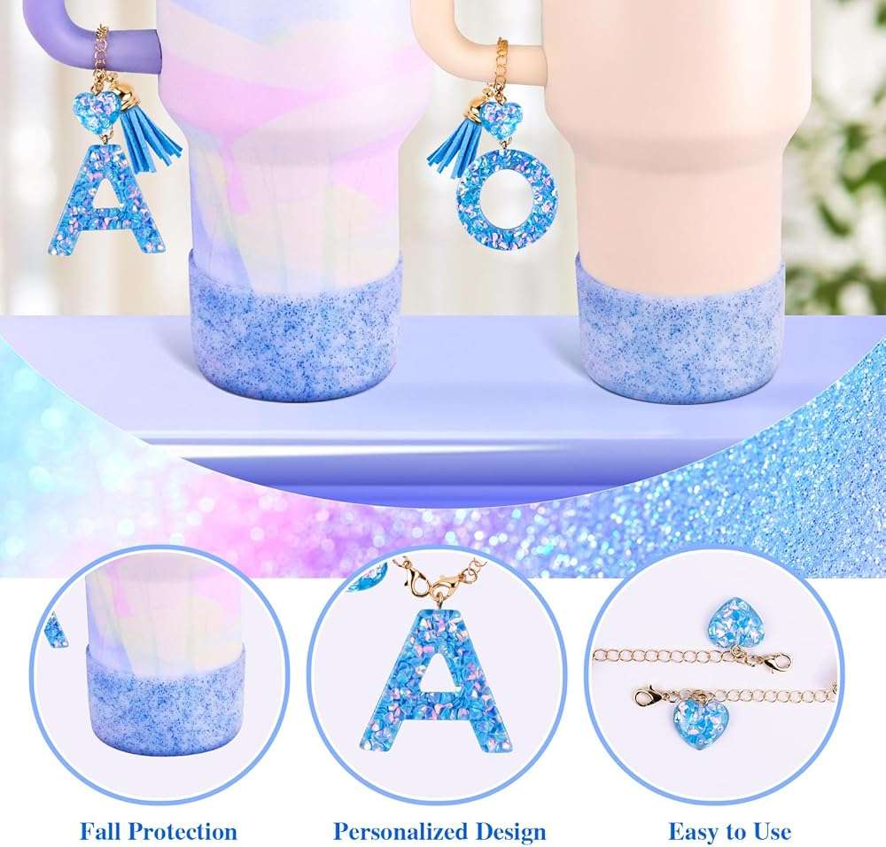 Blue Cup Accessories Set for Stanley 30OZ & 40OZ Tumbler with Handle, Letter Charms, Bow & Diamond Straw Covers, Glitter Silicone Boot, Personalized Sticker for Stanley Cup Accessories (L) - Image 6