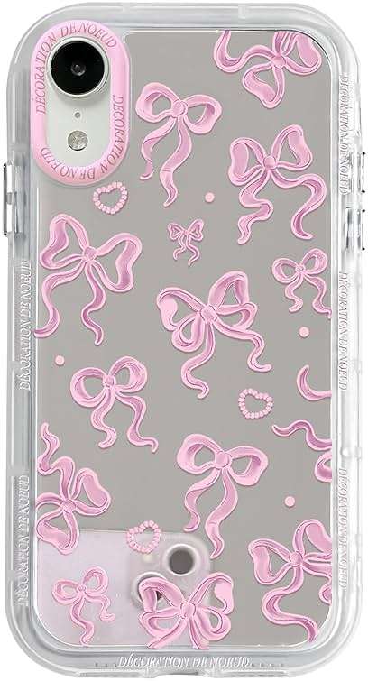 NITITOP Compatible with iPhone XR Case Cute Mirror Bow Pattern Love Heart for Women Girls Ribbon Design Shockproof Silver Protective Phone Cover - Pink Bow - Image 1