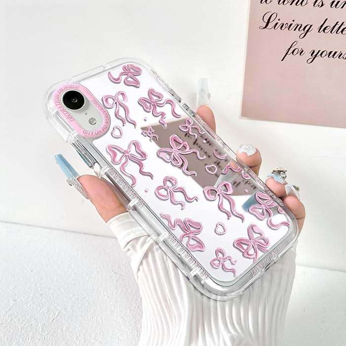 NITITOP Compatible with iPhone XR Case Cute Mirror Bow Pattern Love Heart for Women Girls Ribbon Design Shockproof Silver Protective Phone Cover - Pink Bow - Image 2