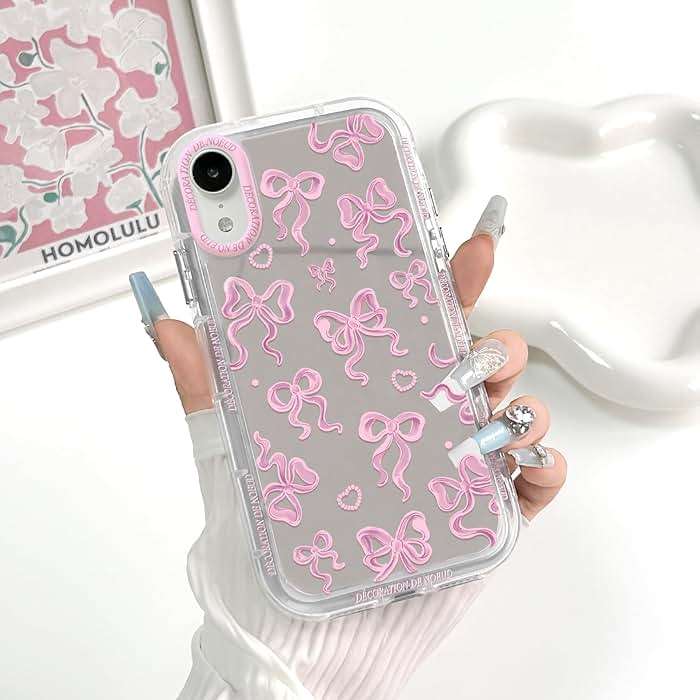 NITITOP Compatible with iPhone XR Case Cute Mirror Bow Pattern Love Heart for Women Girls Ribbon Design Shockproof Silver Protective Phone Cover - Pink Bow - Image 3
