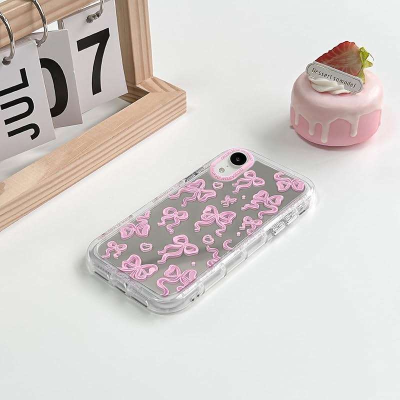 NITITOP Compatible with iPhone XR Case Cute Mirror Bow Pattern Love Heart for Women Girls Ribbon Design Shockproof Silver Protective Phone Cover - Pink Bow - Image 4