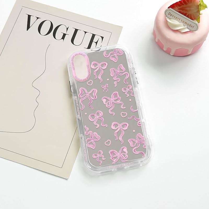 NITITOP Compatible with iPhone XR Case Cute Mirror Bow Pattern Love Heart for Women Girls Ribbon Design Shockproof Silver Protective Phone Cover - Pink Bow - Image 5
