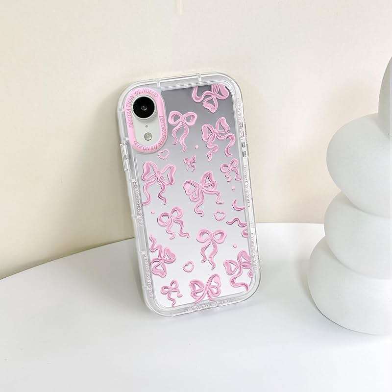 NITITOP Compatible with iPhone XR Case Cute Mirror Bow Pattern Love Heart for Women Girls Ribbon Design Shockproof Silver Protective Phone Cover - Pink Bow - Image 7