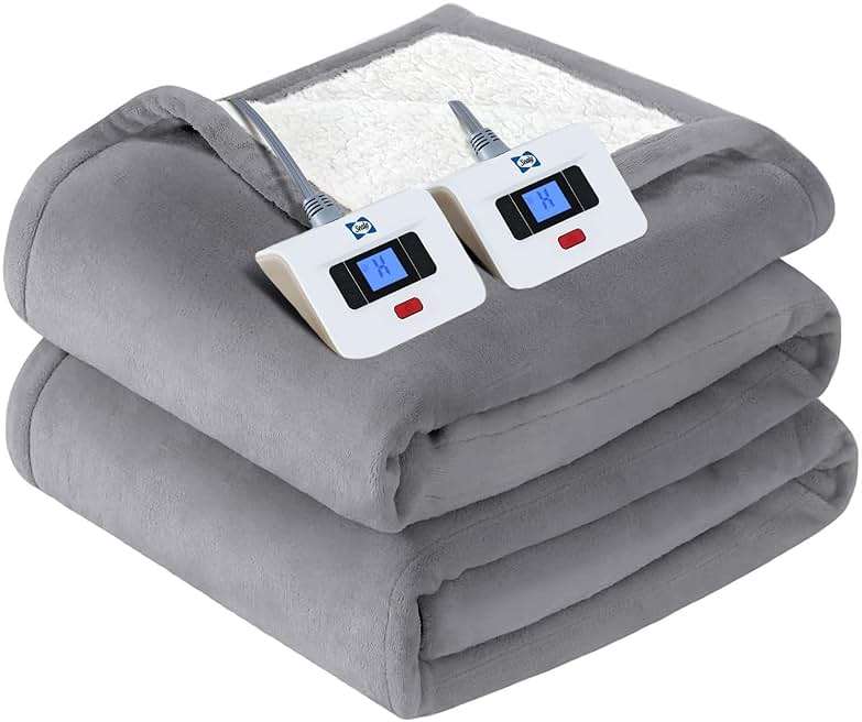 Sealy Electric Blanket King Size, Flannel & Sherpa Heated Blanket with 10 Heating Levels & 1-12 Hours Auto Shut Off, Fast Heating Warming Blanket, Machine Washable, Light Grey, 100 x 90 Inch - Image 1