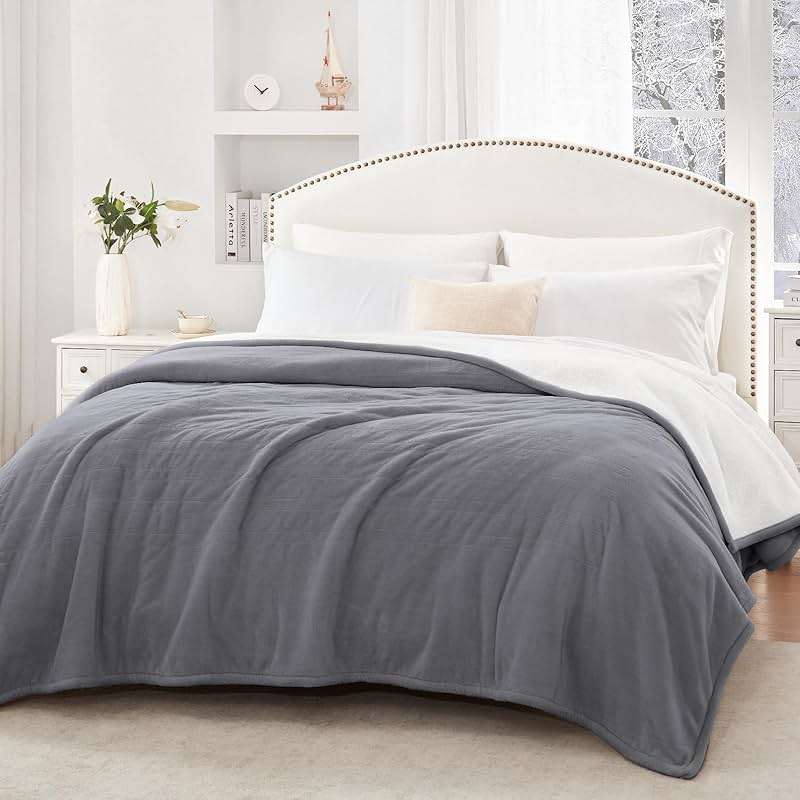 Sealy Electric Blanket King Size, Flannel & Sherpa Heated Blanket with 10 Heating Levels & 1-12 Hours Auto Shut Off, Fast Heating Warming Blanket, Machine Washable, Light Grey, 100 x 90 Inch - Image 2