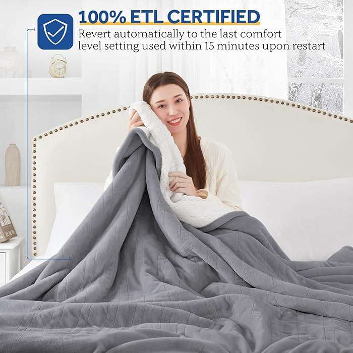 Sealy Electric Blanket King Size, Flannel & Sherpa Heated Blanket with 10 Heating Levels & 1-12 Hours Auto Shut Off, Fast Heating Warming Blanket, Machine Washable, Light Grey, 100 x 90 Inch - Image 4