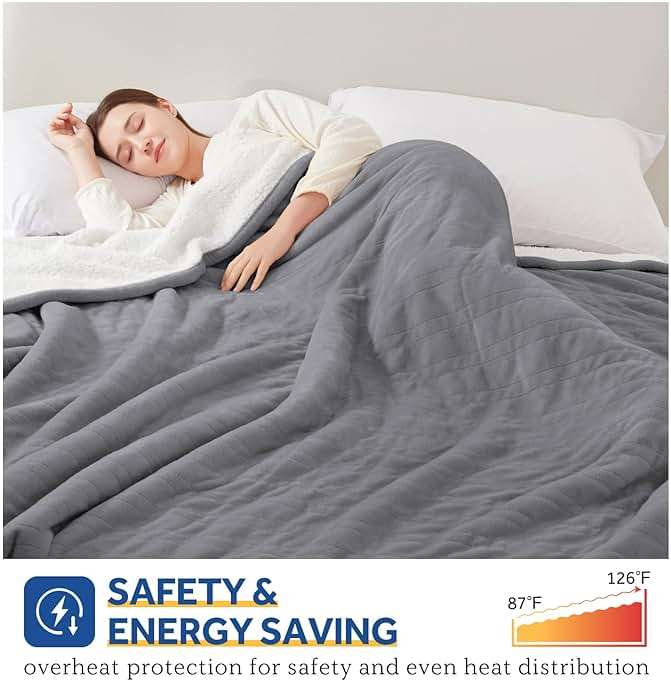 Sealy Electric Blanket King Size, Flannel & Sherpa Heated Blanket with 10 Heating Levels & 1-12 Hours Auto Shut Off, Fast Heating Warming Blanket, Machine Washable, Light Grey, 100 x 90 Inch - Image 5