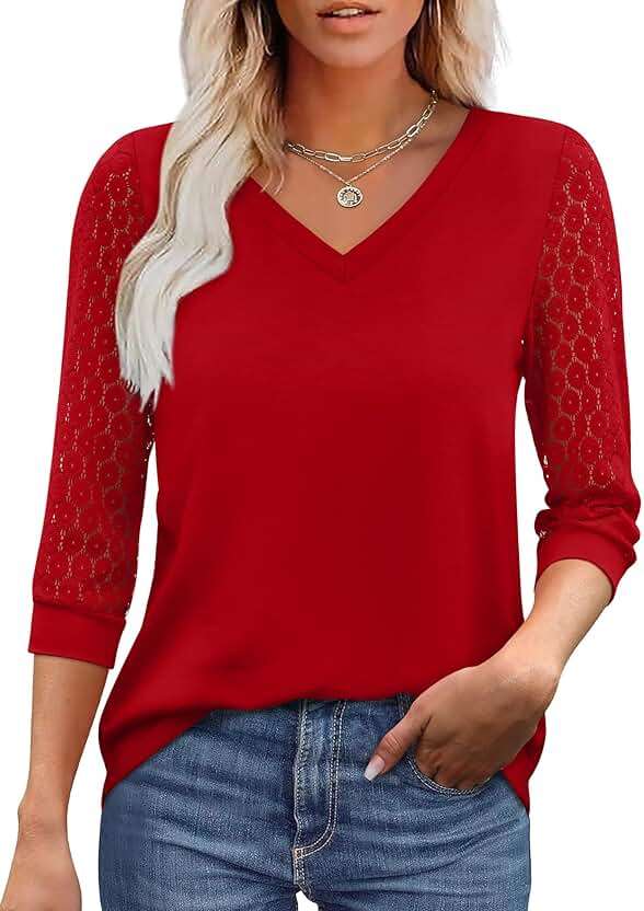 XIEERDUO 3/4 Length Sleeve Womens Tops V-Neck Lace Tunic Tops Business Casual Outfits Work Blouses Dressy 2026 - Image 1