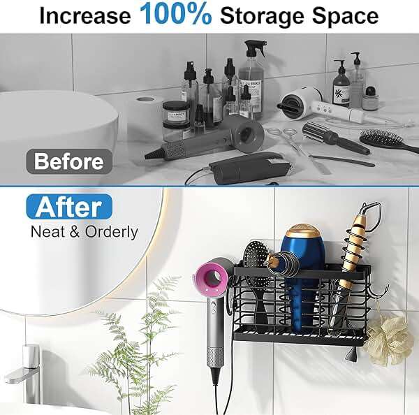 Sevenblue Hair Tool Organizer, 2026 Upgraded 3-in-1 Universal Hair Dryer Holder, Adjustable Height Metal Blow Dryer Holder Wall Mounted/Over Cabinet Door/Free-Standing (Black) - Image 3