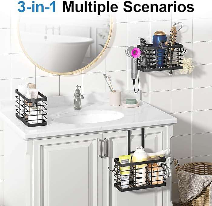 Sevenblue Hair Tool Organizer, 2026 Upgraded 3-in-1 Universal Hair Dryer Holder, Adjustable Height Metal Blow Dryer Holder Wall Mounted/Over Cabinet Door/Free-Standing (Black) - Image 4