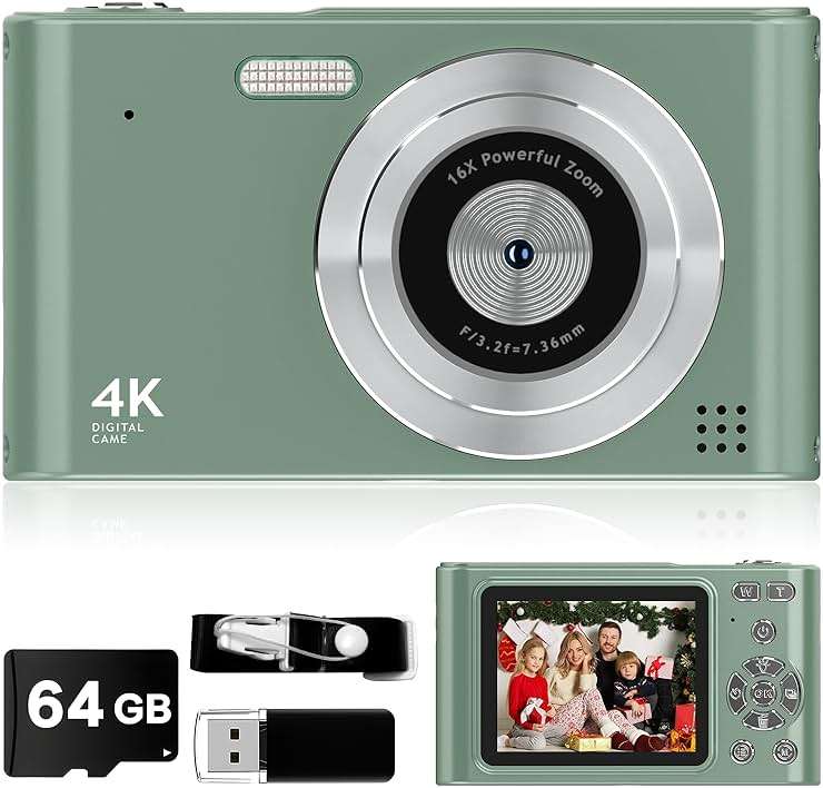 Digital Camera - 1080P Vlog Camera, 44MP Compact, 16X Zoom, Anti-Shake, Green Gift for Kids - Image 1
