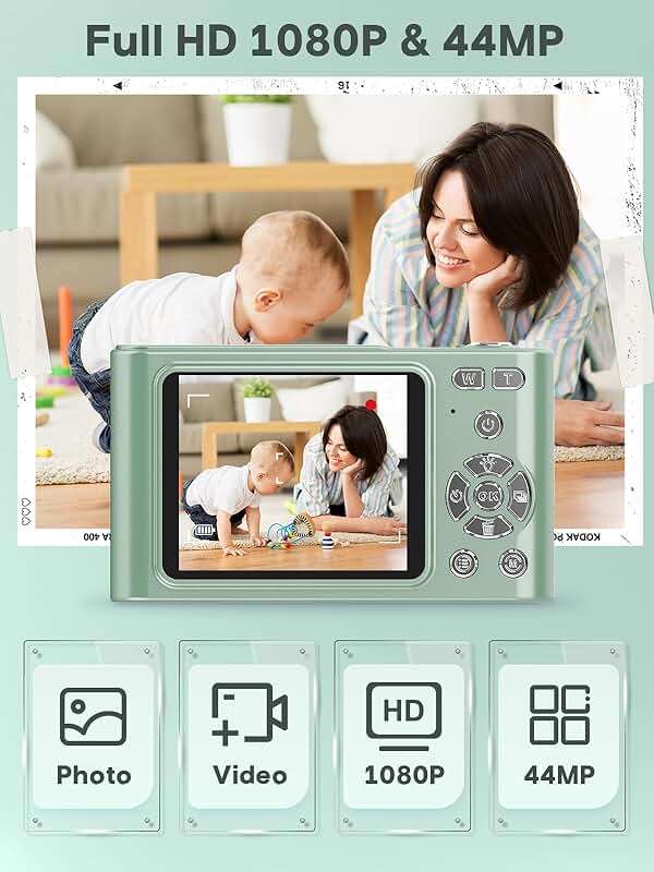 Digital Camera - 1080P Vlog Camera, 44MP Compact, 16X Zoom, Anti-Shake, Green Gift for Kids - Image 2