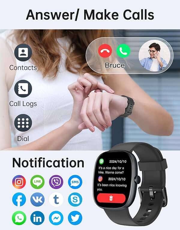 HUAKUA Smart Watches for Women Men Compatible with iPhone/Android Phones Answer/Make Calls, 1,85" HD Fitness Tracker with Heart Rate/Sleep Monitor Pedometer for Walking Running, Waterproof, Black - Image 2