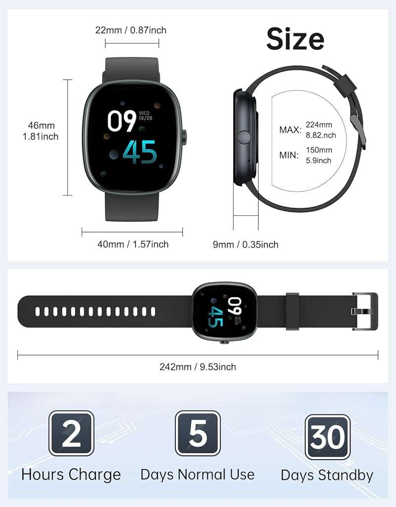 HUAKUA Smart Watches for Women Men Compatible with iPhone/Android Phones Answer/Make Calls, 1,85" HD Fitness Tracker with Heart Rate/Sleep Monitor Pedometer for Walking Running, Waterproof, Black - Image 7