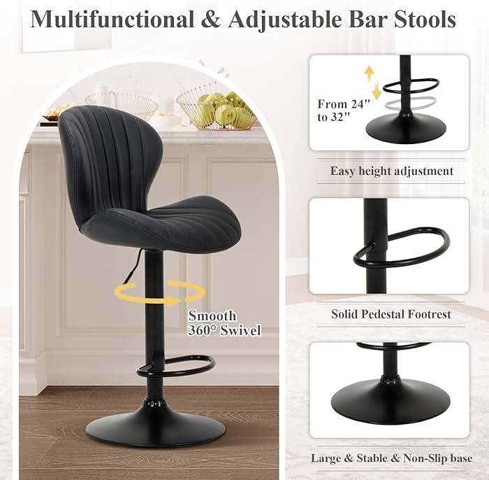COLAMY Bar Stools Set of 4, Modern Swivel Bar Chairs, Adjustable Faux Leather Upholstered Barstools Counter Height with High Backrest for Bar, Kitchen Island, Dining Room, Black - Image 4