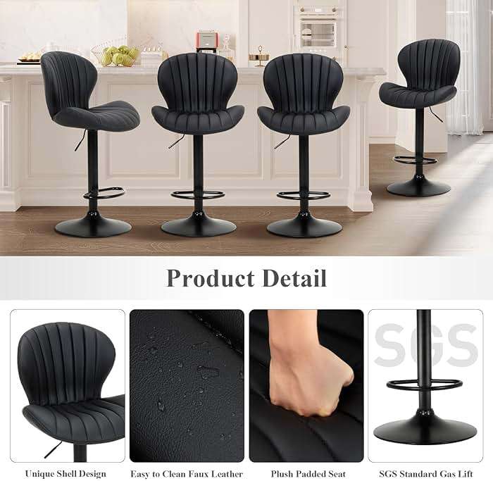 COLAMY Bar Stools Set of 4, Modern Swivel Bar Chairs, Adjustable Faux Leather Upholstered Barstools Counter Height with High Backrest for Bar, Kitchen Island, Dining Room, Black - Image 5