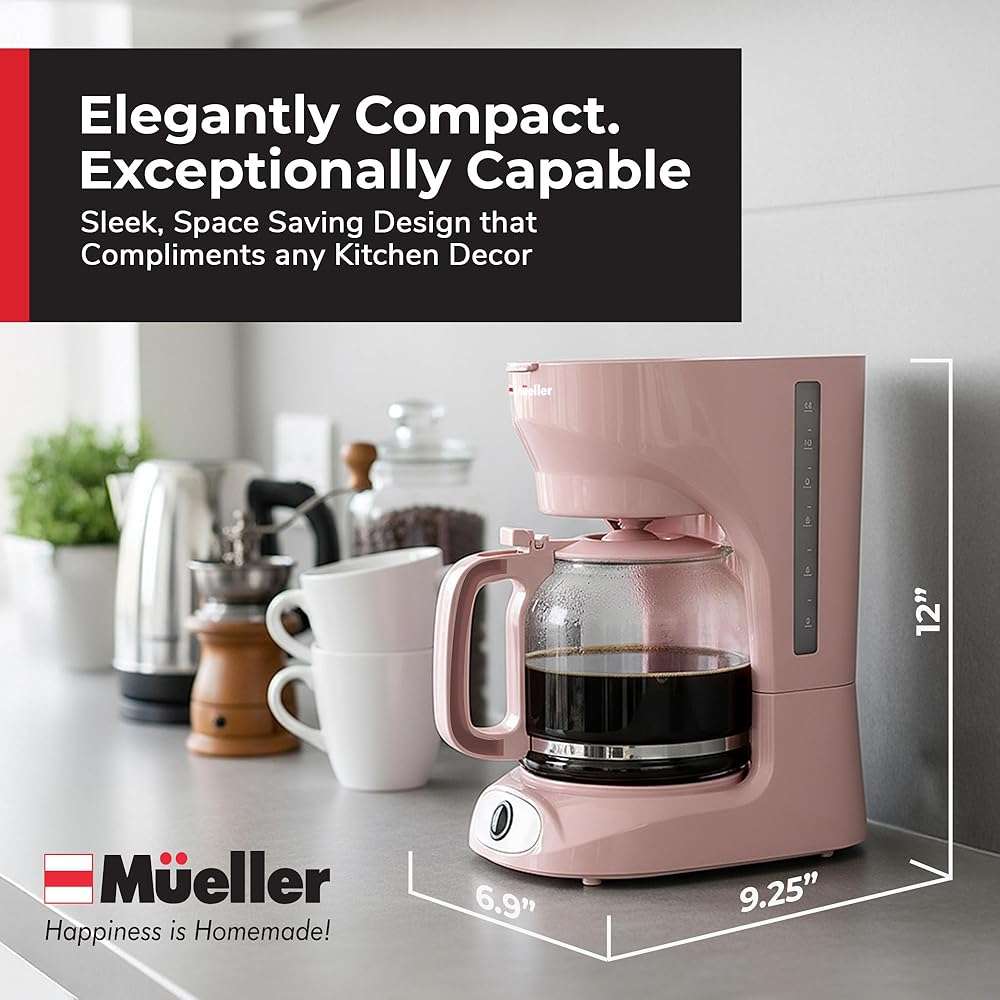 MUELLER HOME 12-Cup Pink Coffee Maker - Borosilicate Carafe, Auto-Off, Pink Kitchen Accessories, Reusable Filter, Anti-Drip, Kitchen Appliances, Keep-Warm Function - Image 2