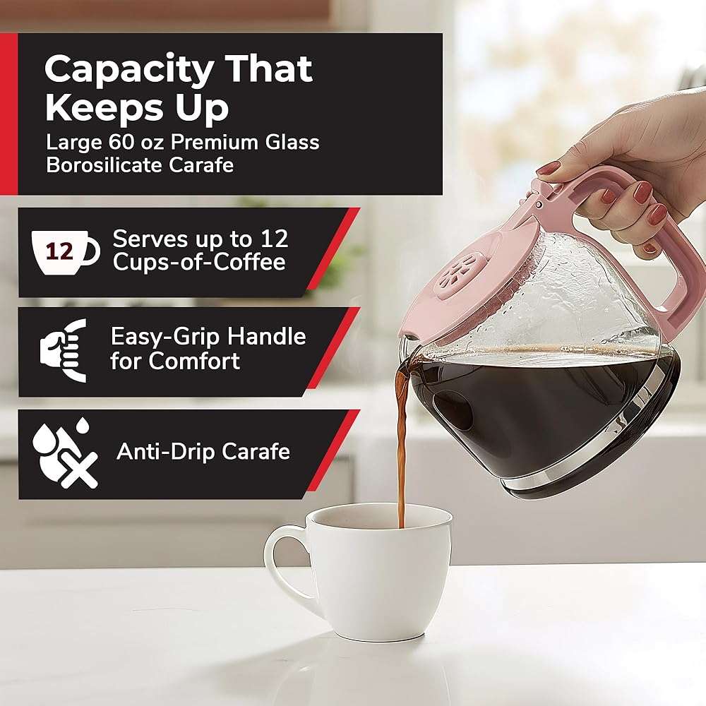MUELLER HOME 12-Cup Pink Coffee Maker - Borosilicate Carafe, Auto-Off, Pink Kitchen Accessories, Reusable Filter, Anti-Drip, Kitchen Appliances, Keep-Warm Function - Image 5