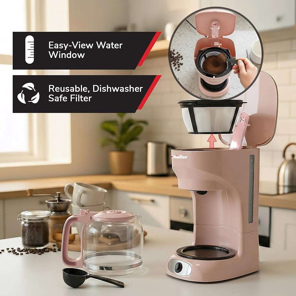 MUELLER HOME 12-Cup Pink Coffee Maker - Borosilicate Carafe, Auto-Off, Pink Kitchen Accessories, Reusable Filter, Anti-Drip, Kitchen Appliances, Keep-Warm Function - Image 6