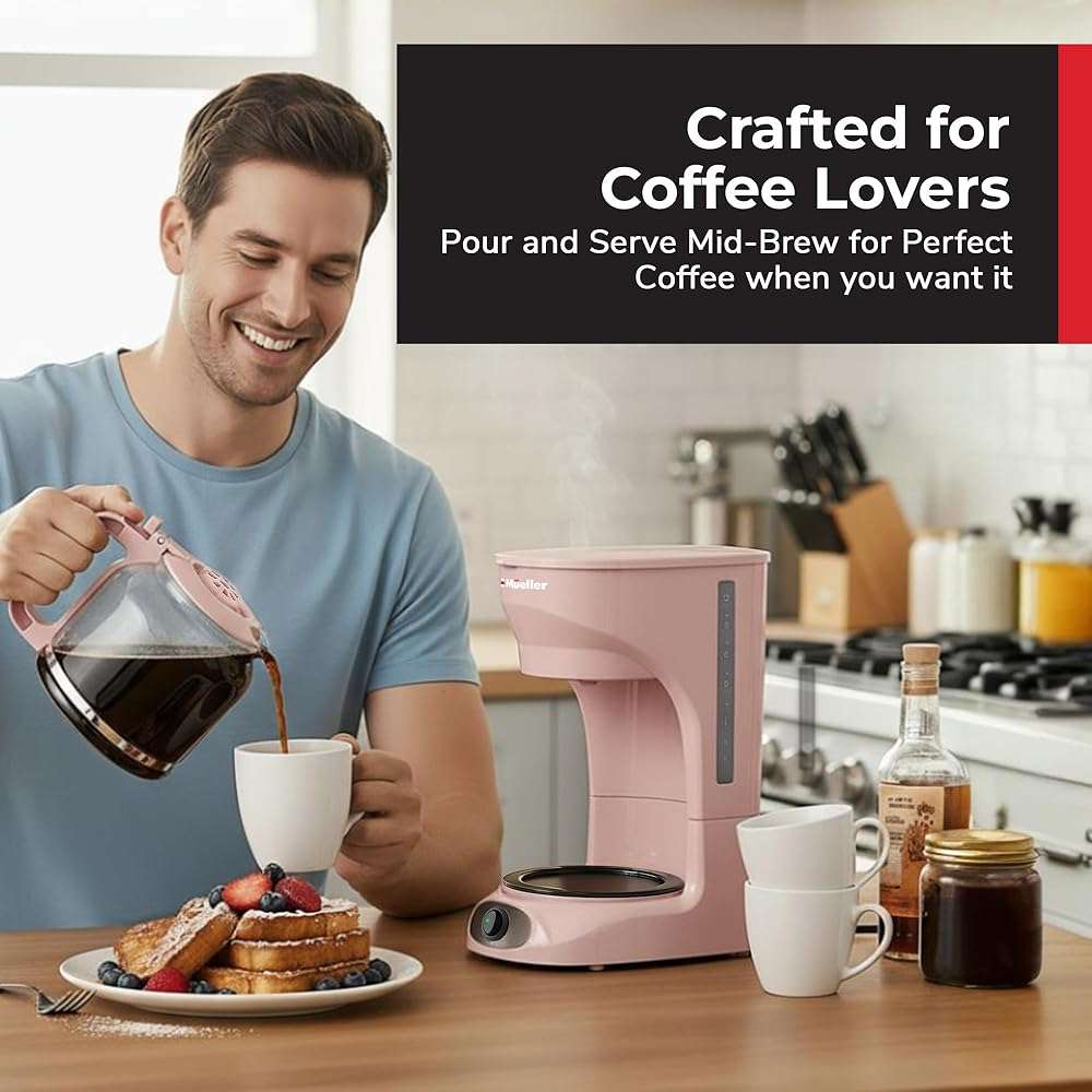 MUELLER HOME 12-Cup Pink Coffee Maker - Borosilicate Carafe, Auto-Off, Pink Kitchen Accessories, Reusable Filter, Anti-Drip, Kitchen Appliances, Keep-Warm Function - Image 8
