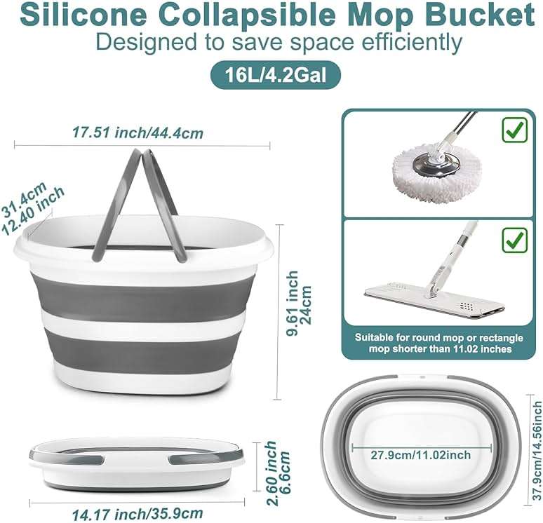 Collapsible Mop Bucket with Handle for Cleaning, 16L(4.2 Gallon) Silicone Square Mopping Bucket for Windows Cleaning or Car Washing, Cleaning Supplies Organizer Plastic Bucket for Storage, 2 Pack - Image 2