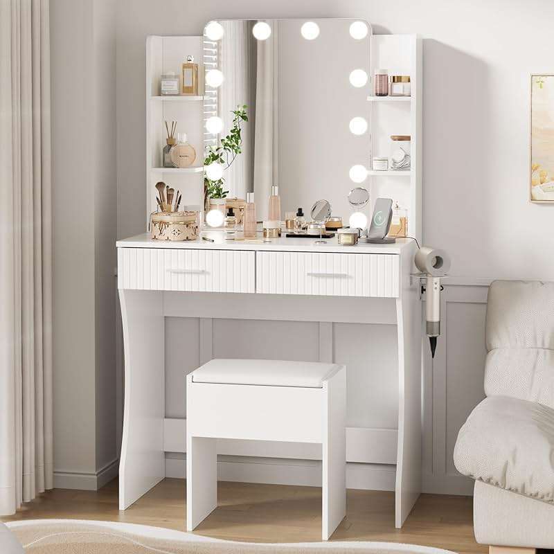 Otterease Vanity Desk with LED Lighted Mirror, Makeup Vanity with 3 Adjustable Lights, 2 Large Drawers and 4 Open Shelves, White Vanity with Storage Stool for Bedroom - Image 1