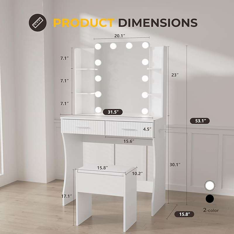 Otterease Vanity Desk with LED Lighted Mirror, Makeup Vanity with 3 Adjustable Lights, 2 Large Drawers and 4 Open Shelves, White Vanity with Storage Stool for Bedroom - Image 2