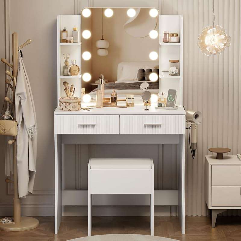 Otterease Vanity Desk with LED Lighted Mirror, Makeup Vanity with 3 Adjustable Lights, 2 Large Drawers and 4 Open Shelves, White Vanity with Storage Stool for Bedroom - Image 3
