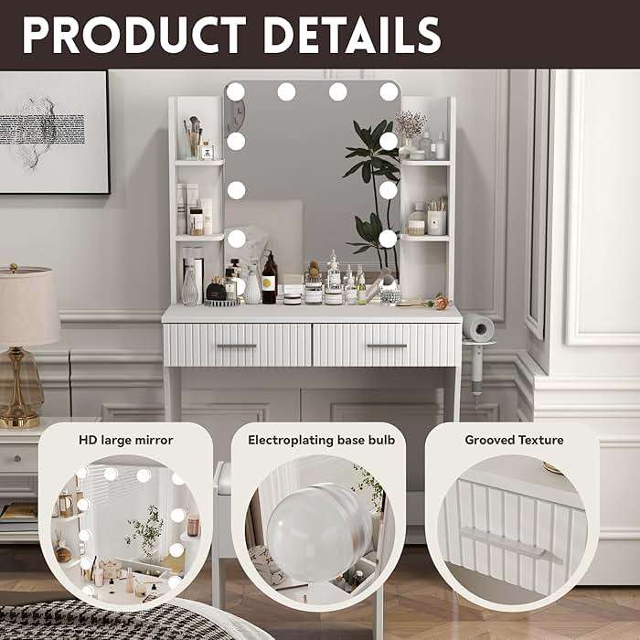 Otterease Vanity Desk with LED Lighted Mirror, Makeup Vanity with 3 Adjustable Lights, 2 Large Drawers and 4 Open Shelves, White Vanity with Storage Stool for Bedroom - Image 5