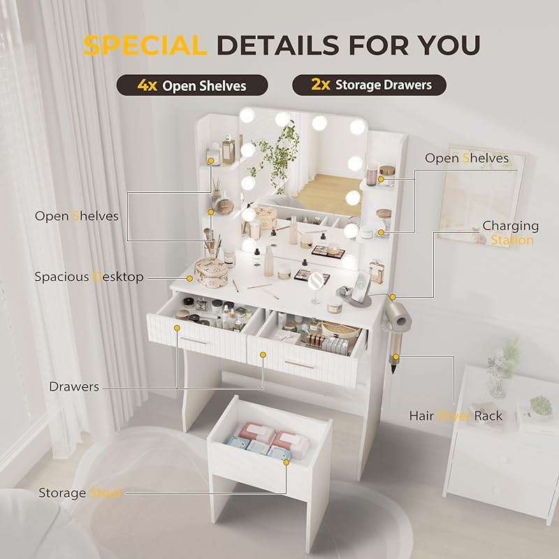 Otterease Vanity Desk with LED Lighted Mirror, Makeup Vanity with 3 Adjustable Lights, 2 Large Drawers and 4 Open Shelves, White Vanity with Storage Stool for Bedroom - Image 7