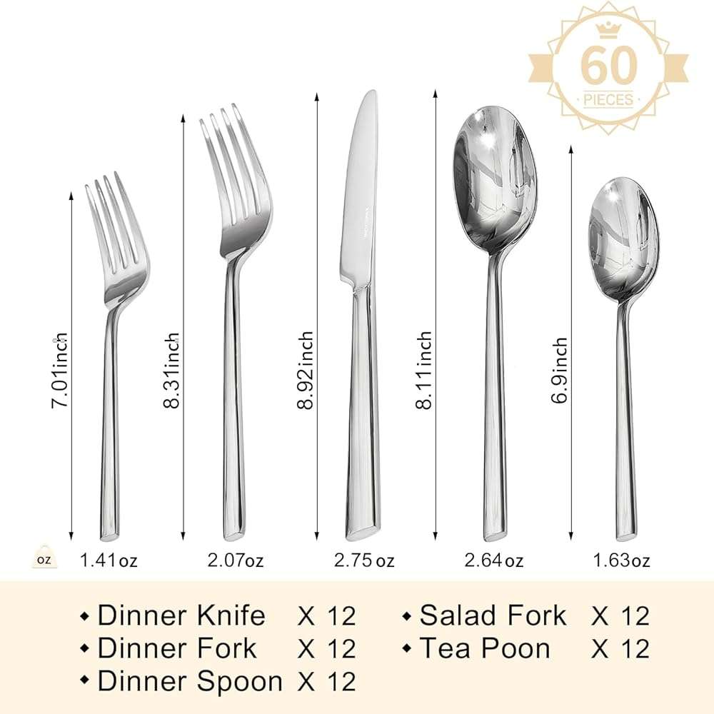KINGSTONE Silverware Set, 60-Piece Forged Flatware Set Cutlery Set Premium Stainless Steel, Service for 12, for Kitchen, Home, Wedding, Party, Mirror Polished and Dishwasher Safe - Image 3
