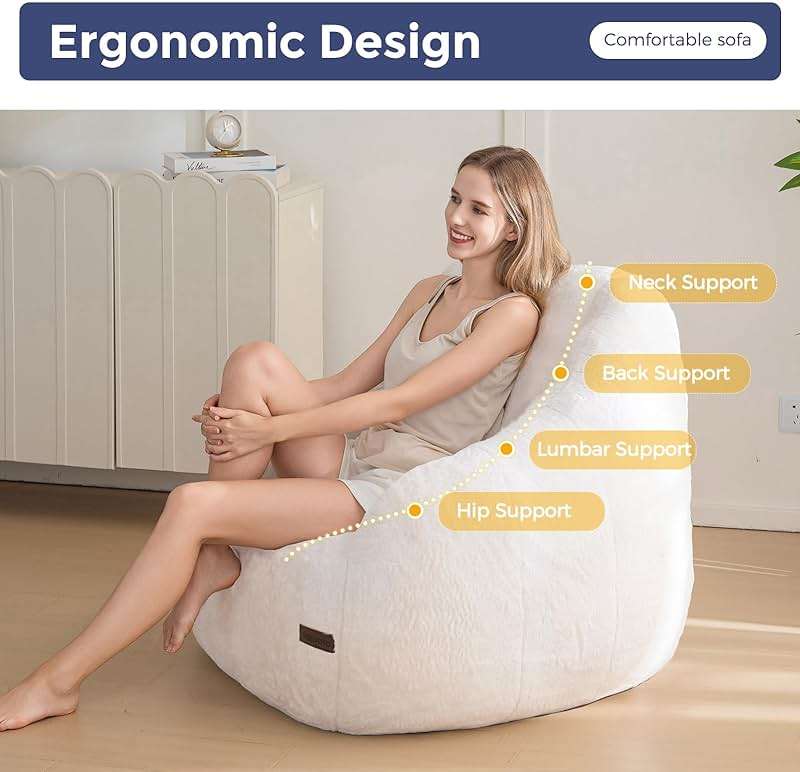 MAXYOYO Bean Bag Chair, Comfy Bean Bag Sofa with Back Support, Faux Fur Bean Bag Chair for Adults and Kids, Stuffed Floor Sofa for Living Room, Bedroom, Apartment, Beige - Image 6