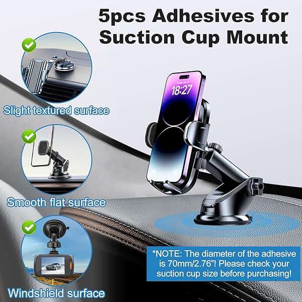 5pcs Sticky Adhesive Pads for Car Phone Mount, 70mm/ 2.76" Double-Sided Heavy Duty Sticker Gel Mounting Tapes Replacement Kit for Suction Cup Dashboard Cell Phone Holder Windshield Dash Cam GPS Base - Image 3