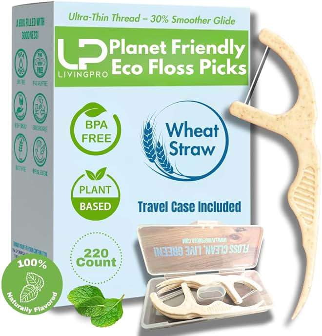 Dental Floss Picks (220 Count) – Mint Flavored Tooth Flossers, Thin Single Thread Floss, Shred-Resistant Smooth Glide for Plaque Removal, Wheat-Straw Handle | Travel Case Holds up to 10 - Image 1