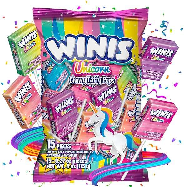 Winis Unicorn | Chewy Taffy Pops | Cotton Candy Flavored | Sharing Size 4.3 Oz Bag - 15 Pieces | Gifts, Holiday, Parties, Concessions, Pantry, Non-Melting, Party - Image 4