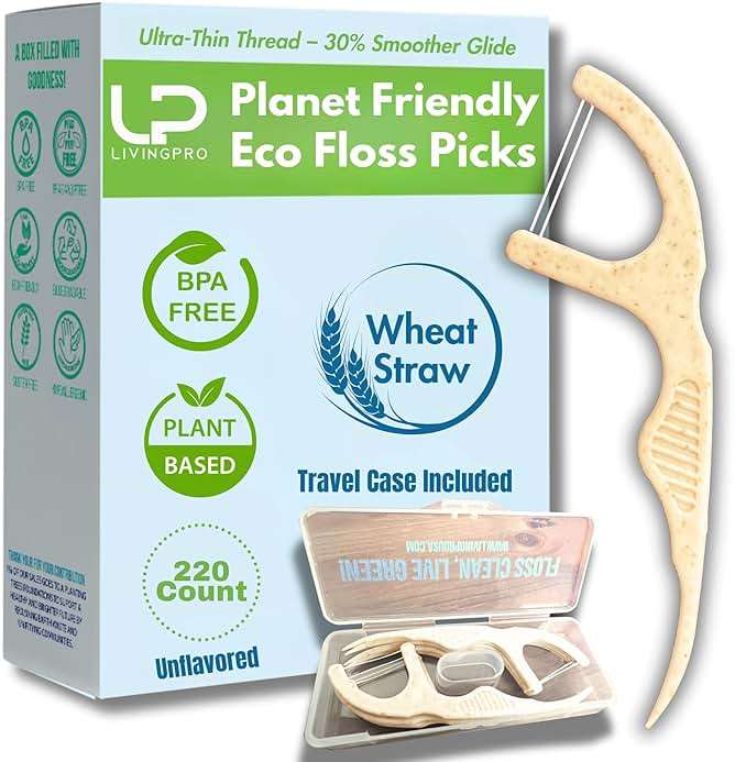 Twin Line Dental Floss Picks (220 Count) – Double Thread Tooth Flossers for 2X Cleaning, Thin & Shred-Resistant Floss, Wheat-Straw Handle | Travel Case Included Holds up to 10 Picks - Image 1