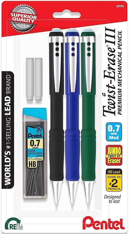 Pentel Twist Erase III Mechanical Pencil 0.7mm - Pre-Loaded Super Hi-Polymer HB Lead - Assorted Color Barrels - Pack of 3 + Lead & Eraser Refills - Image 1