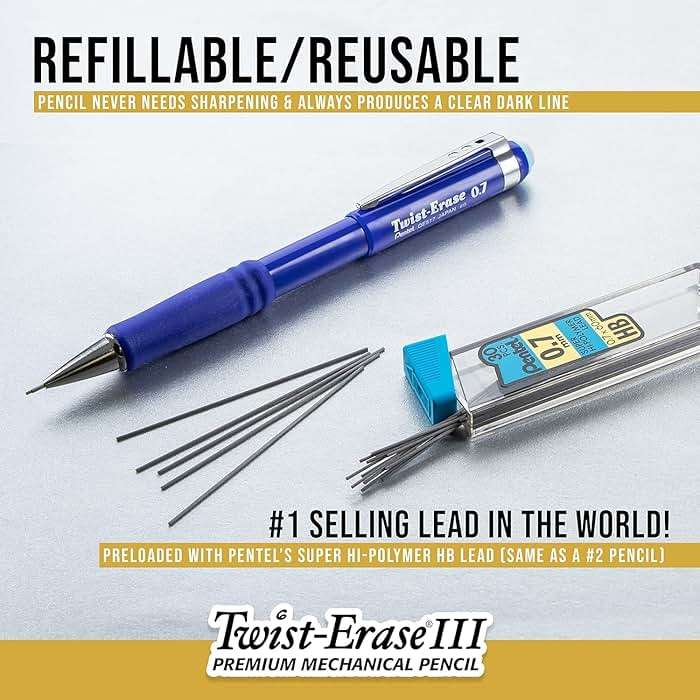 Pentel Twist Erase III Mechanical Pencil 0.7mm - Pre-Loaded Super Hi-Polymer HB Lead - Assorted Color Barrels - Pack of 3 + Lead & Eraser Refills - Image 4