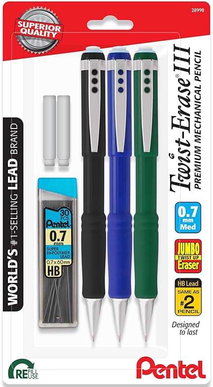 Pentel Twist Erase III Mechanical Pencil 0.7mm - Pre-Loaded Super Hi-Polymer HB Lead - Assorted Color Barrels - Pack of 3 + Lead & Eraser Refills - Image 8