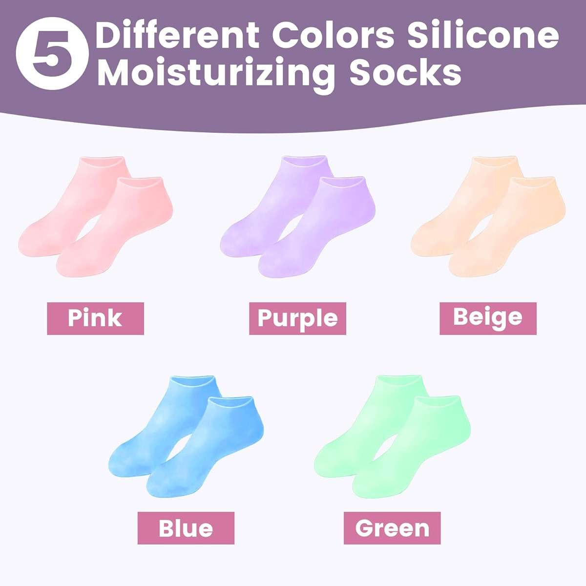 TEAWOO 5 Pairs Silicone Socks for Dry Cracked Feet, Women's Foot Socks for Moisturizing, Cracked Heel Treatment (5 Colors Assorted, Fits Up to Size 7) - Image 5