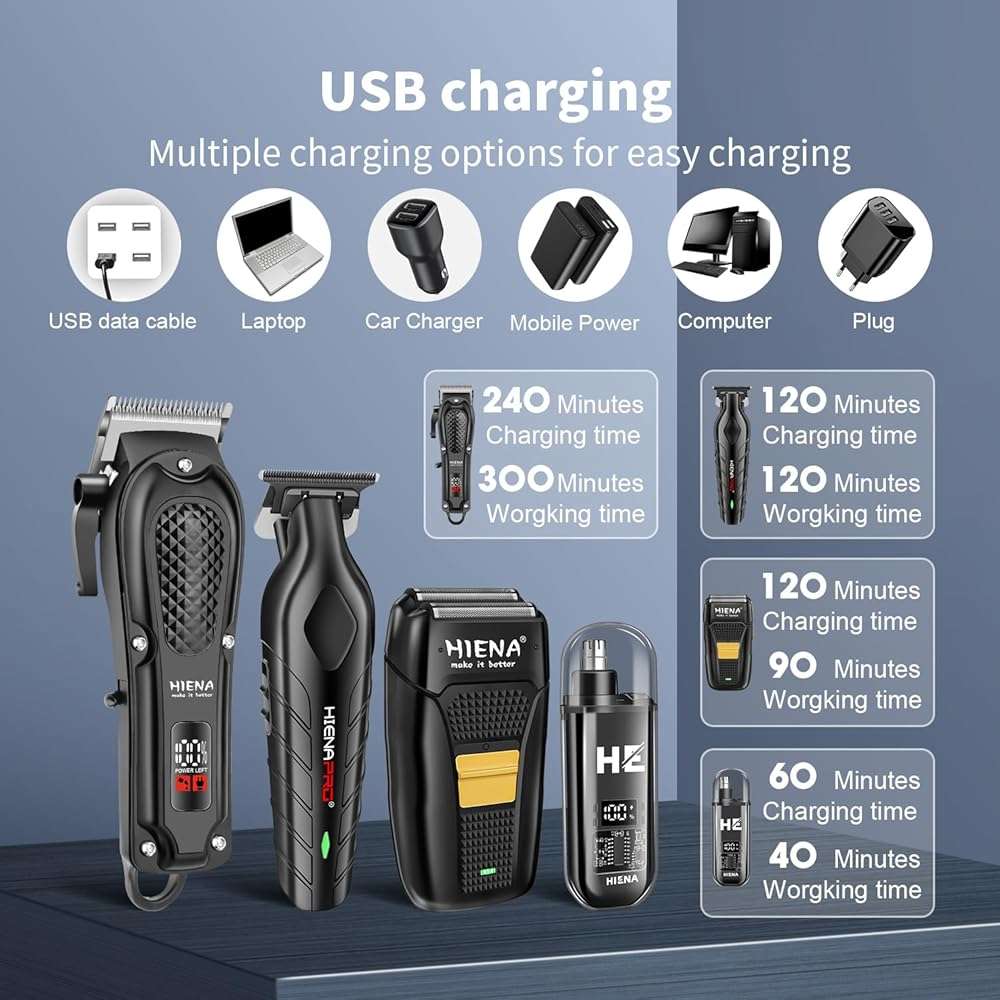 HIENA PRO Professional Hair Clipper Set for Men, Cordless Barber Clippers Set and Trimmer Kit, Electric Beard Trimmer & Nose Trimmer Kit, Foil Shaver & Men's Facial Grooming Tool Kit, Gifts for Men - Image 5